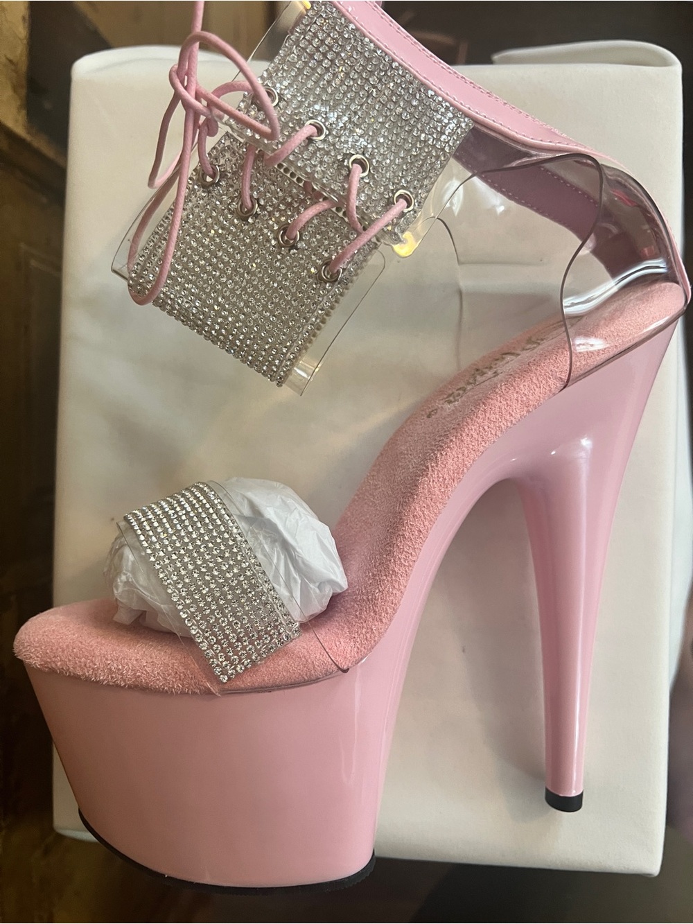 NIB Pleaser Pink Rhinestone Platform Heels Clear Ankle Strap Stiletto Sandals
